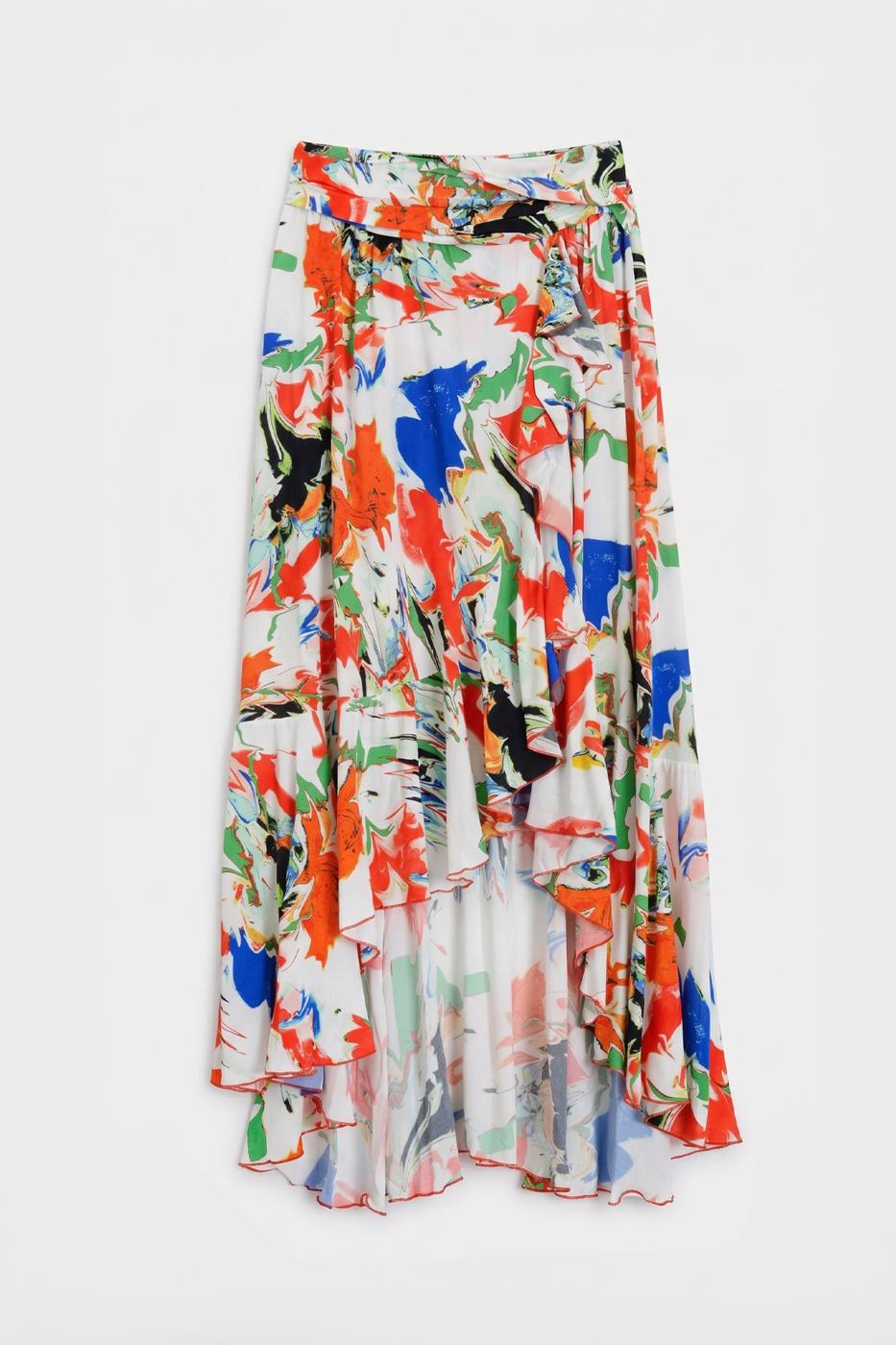 Linen Blend Ruffled Asymmetrical Midi Skirt Multı colour