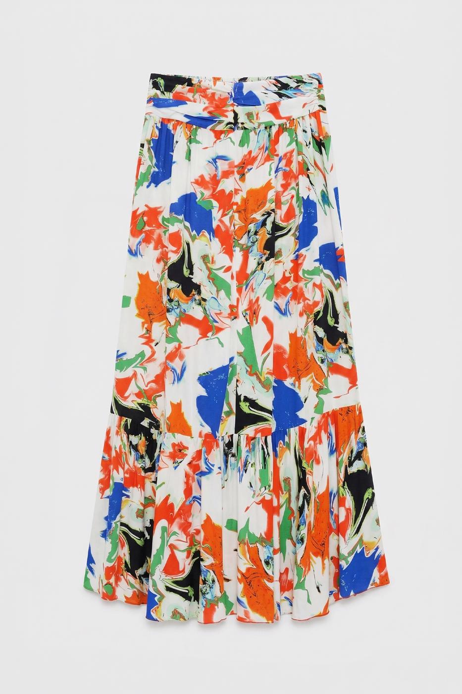 Linen Blend Ruffled Asymmetrical Midi Skirt Multı colour