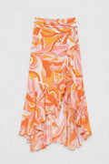 Linen Blend Ruffled Asymmetrical Midi Skirt Orange