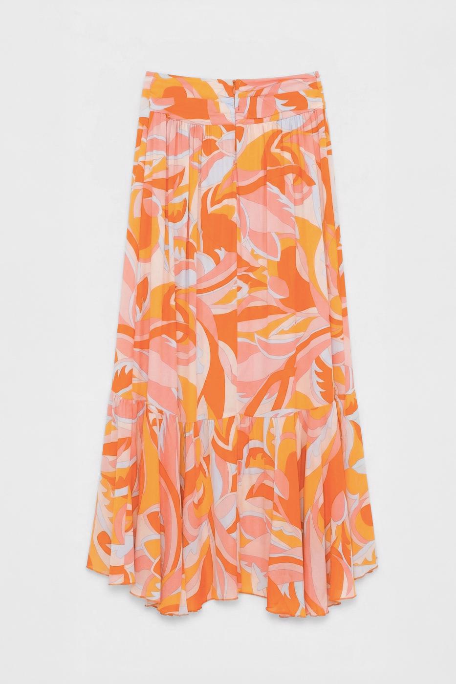 Linen Blend Ruffled Asymmetrical Midi Skirt Orange