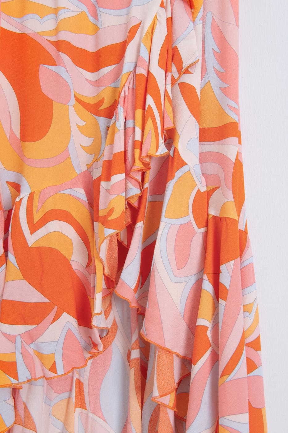 Linen Blend Ruffled Asymmetrical Midi Skirt Orange