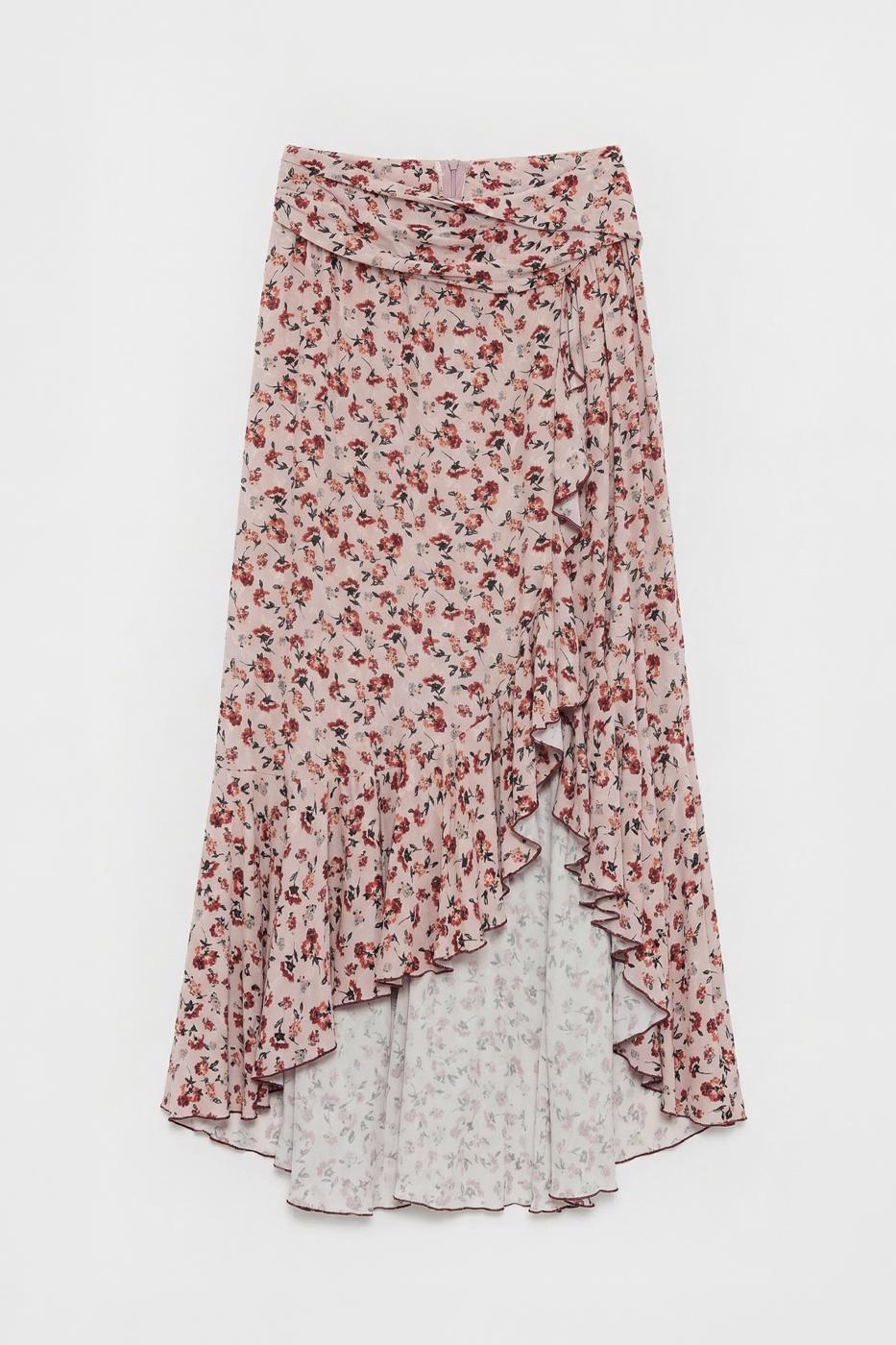 Linen Blend Ruffled Asymmetrical Midi Skirt Powder