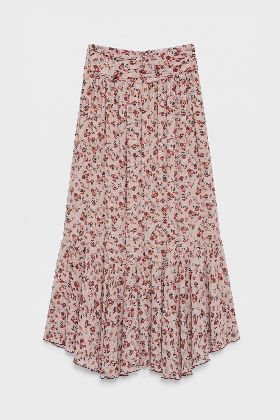 Linen Blend Ruffled Asymmetrical Midi Skirt Powder