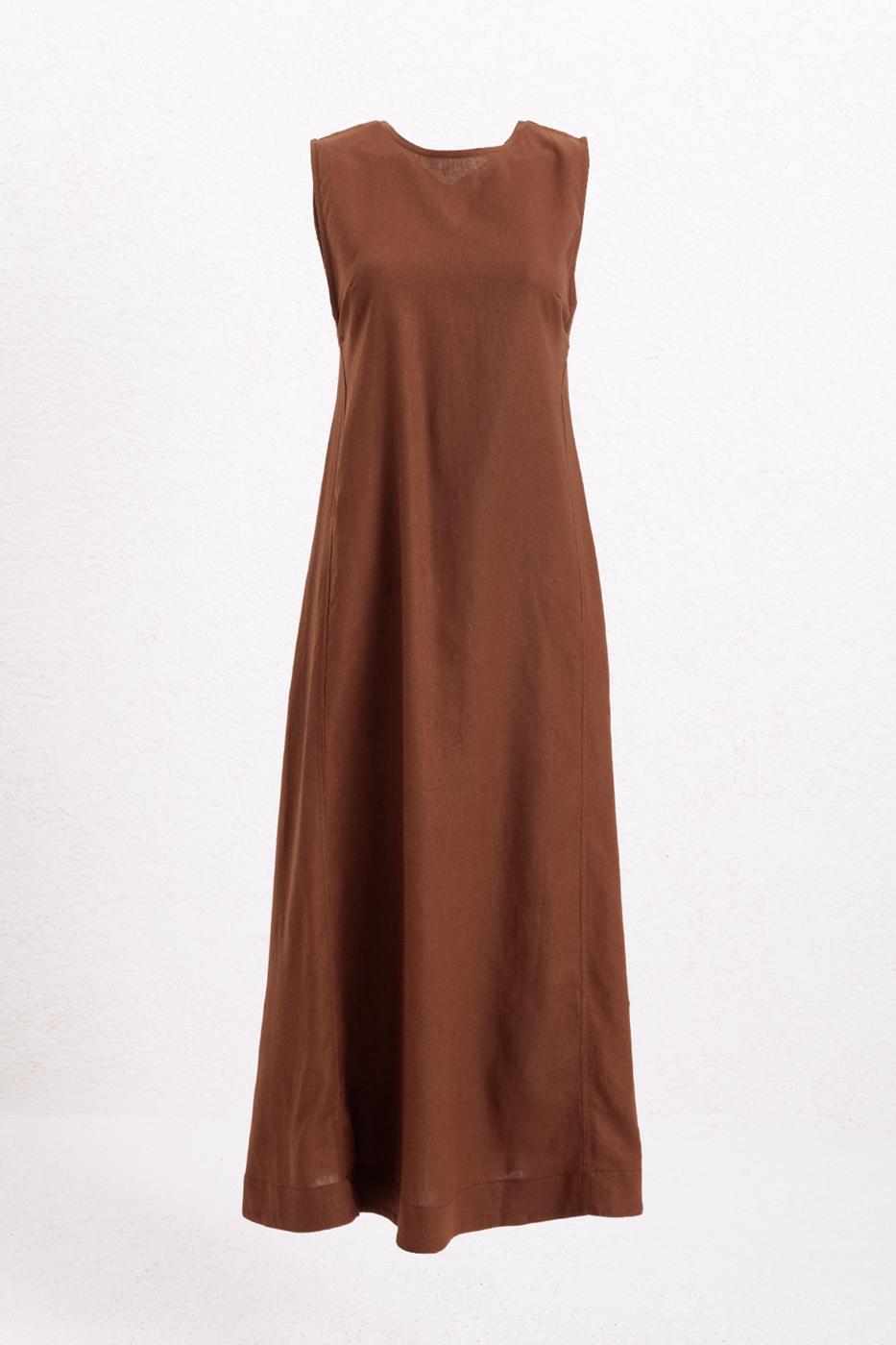 Linen Blend Midi Dress Brown