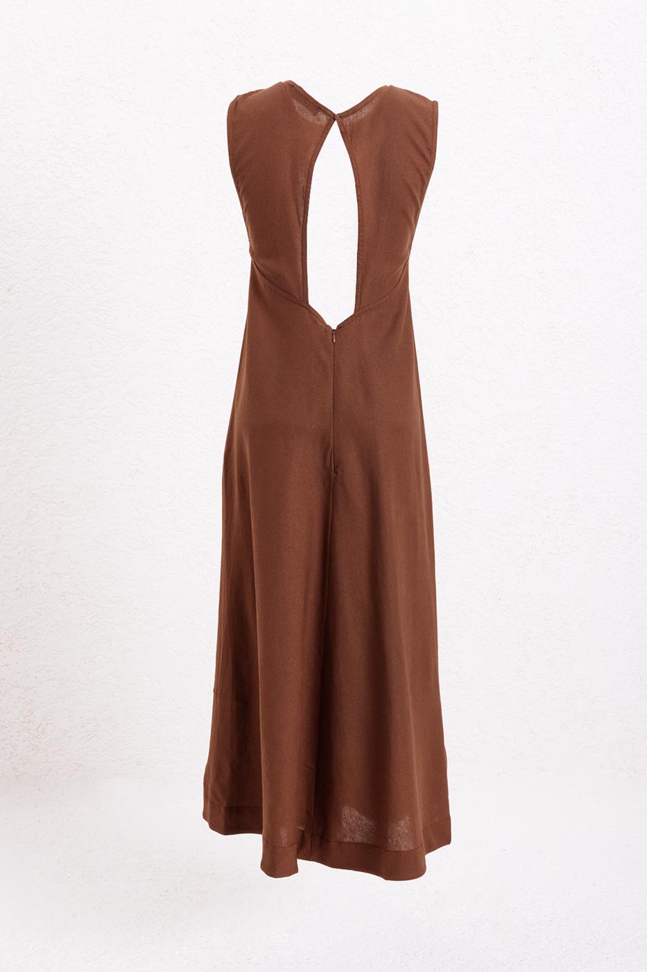 Linen Blend Midi Dress Brown