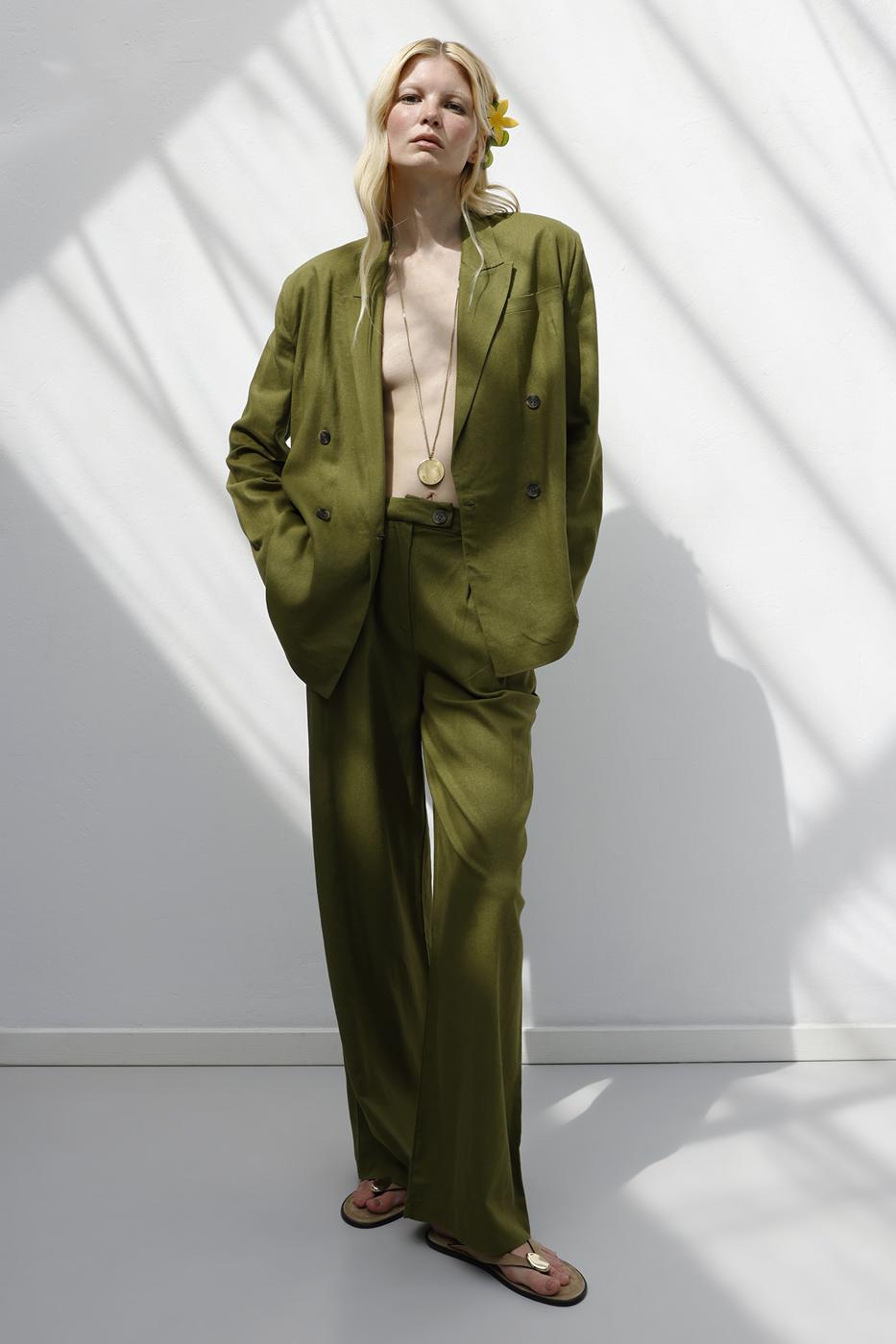 Linen Pleated Loose Trousers Green