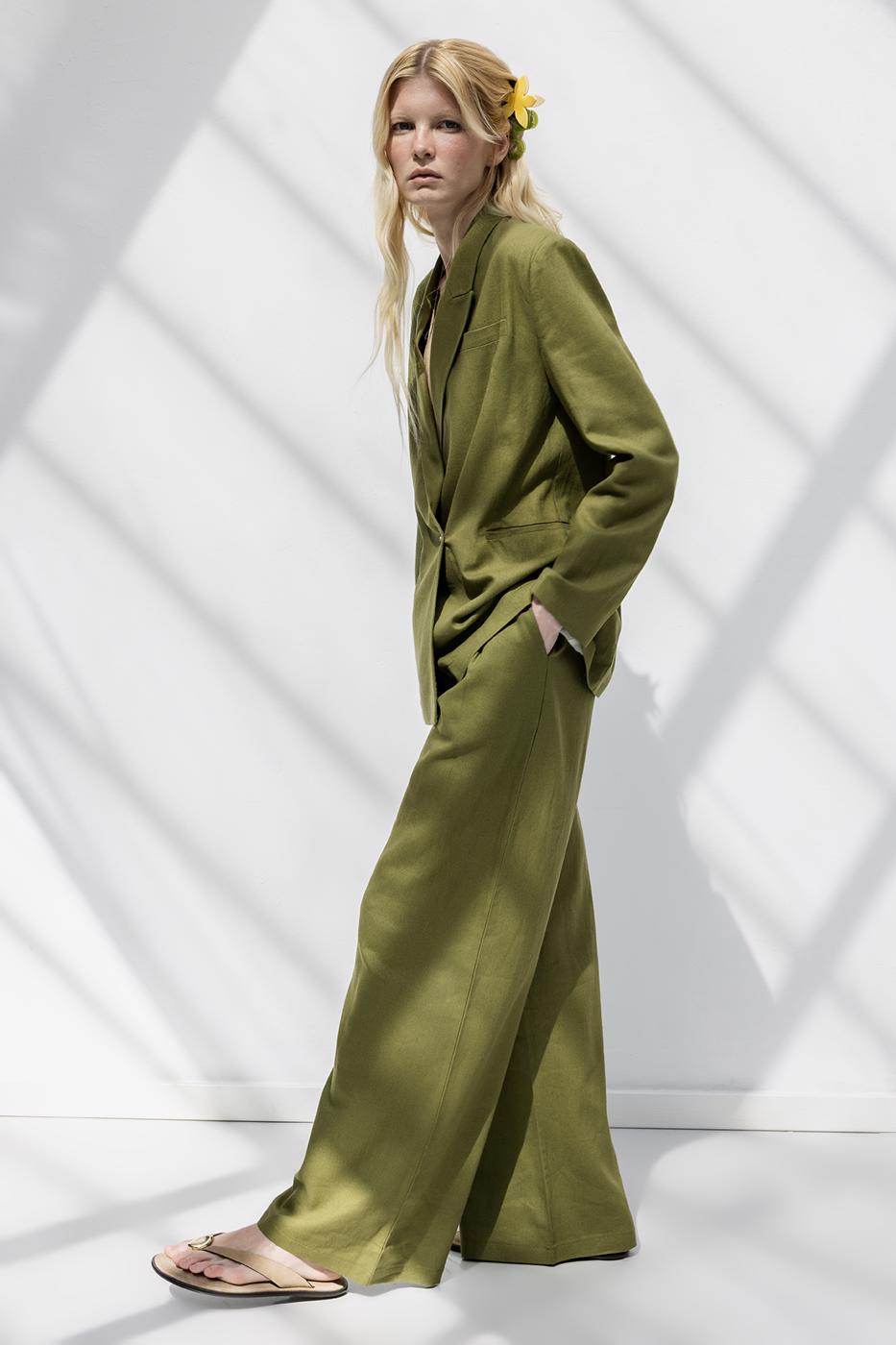 Linen Pleated Loose Trousers Green
