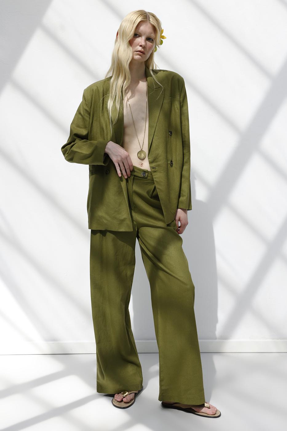 Linen Pleated Loose Trousers Green