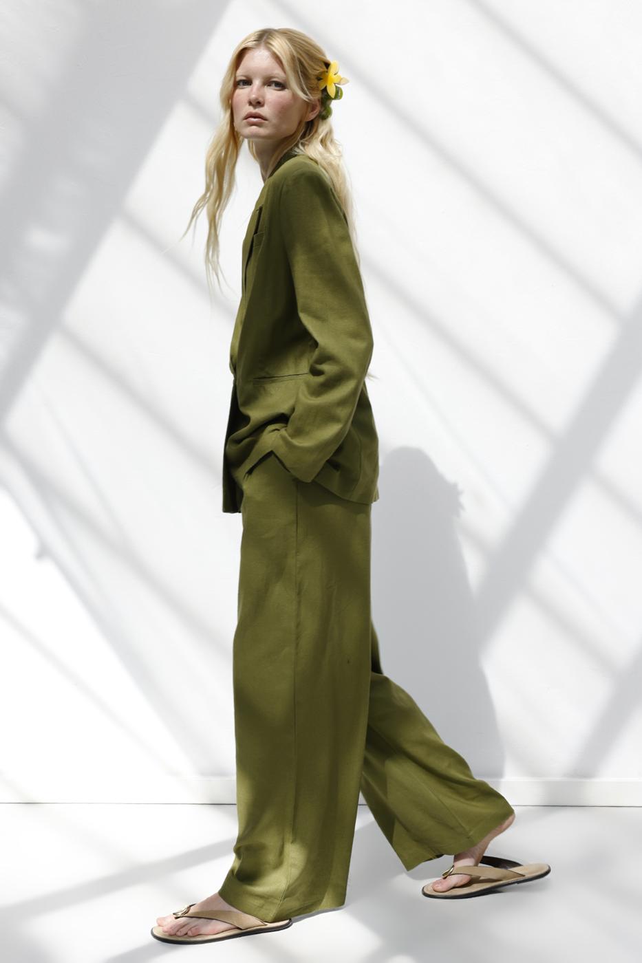 Linen Pleated Loose Trousers Green