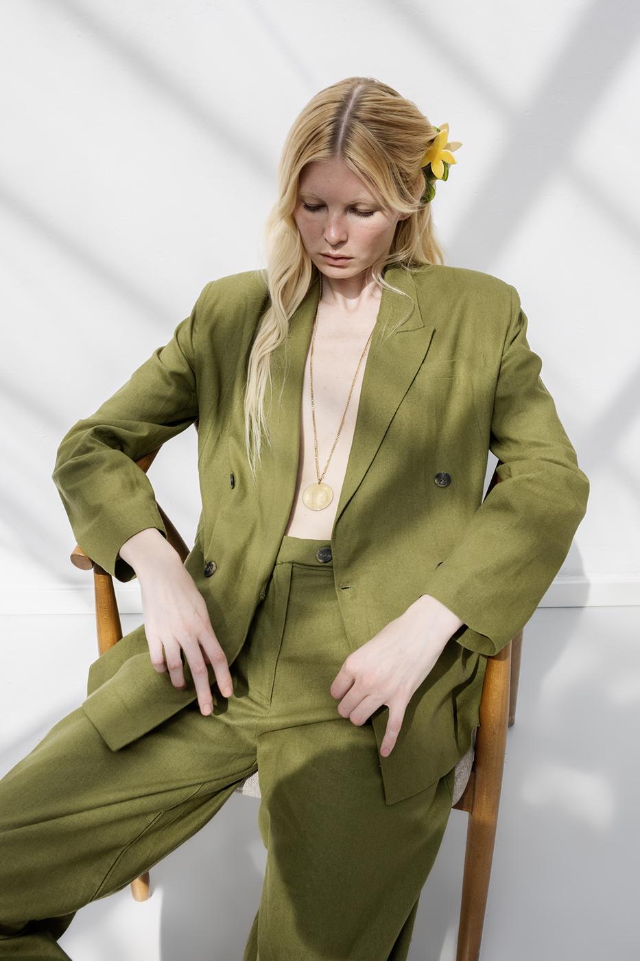 Linen Pleated Loose Trousers Green