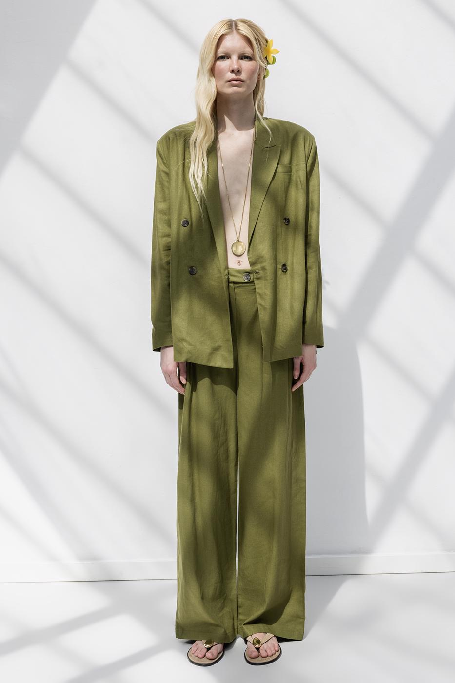 Linen Pleated Loose Trousers Green