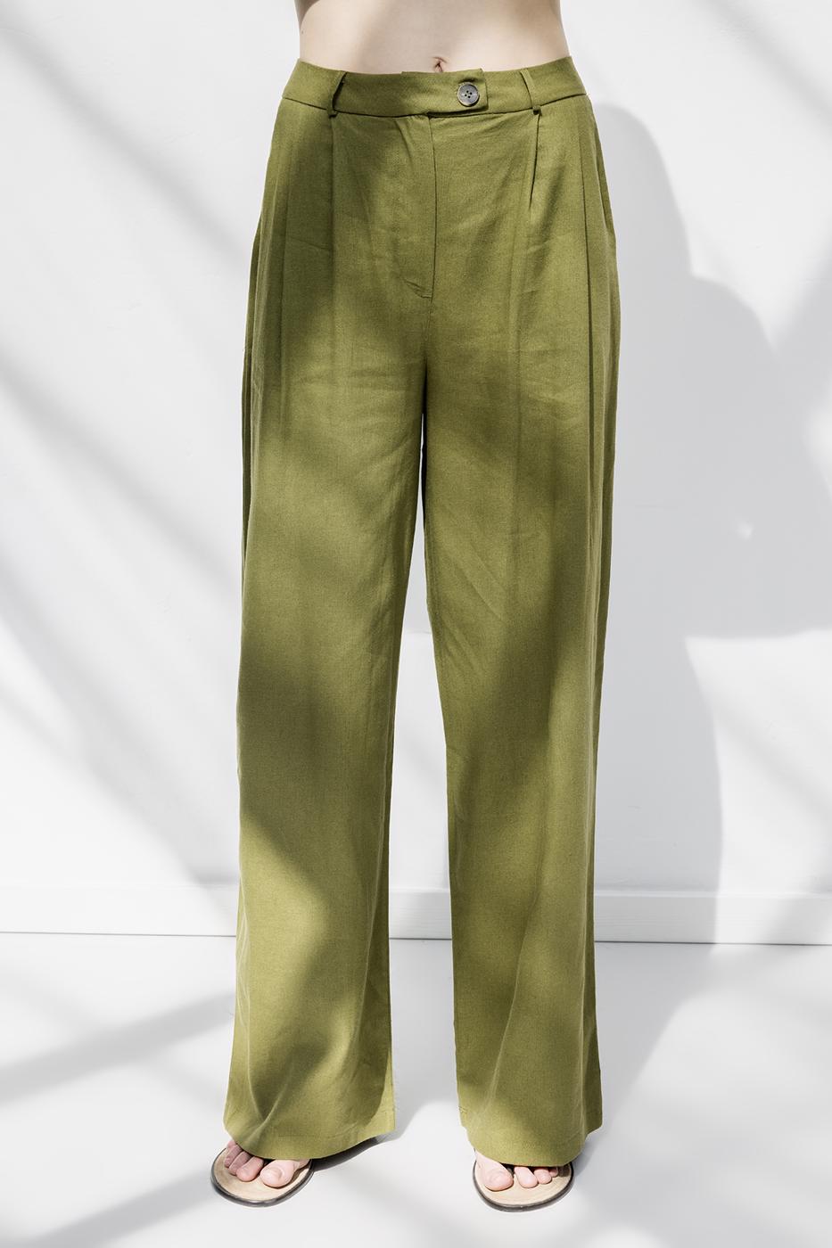 Linen Pleated Loose Trousers Green