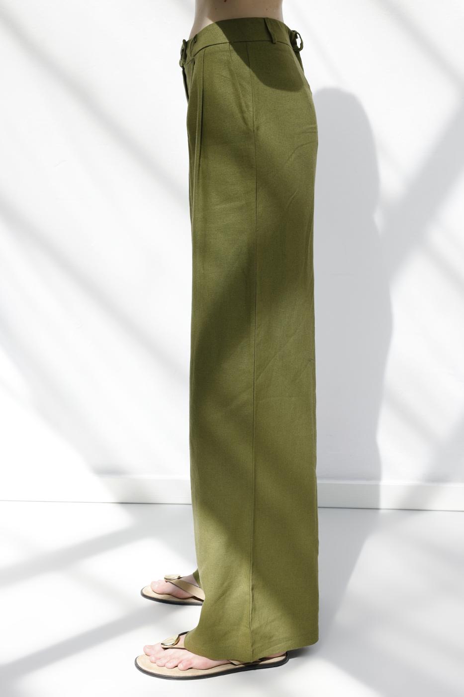 Linen Pleated Loose Trousers Green