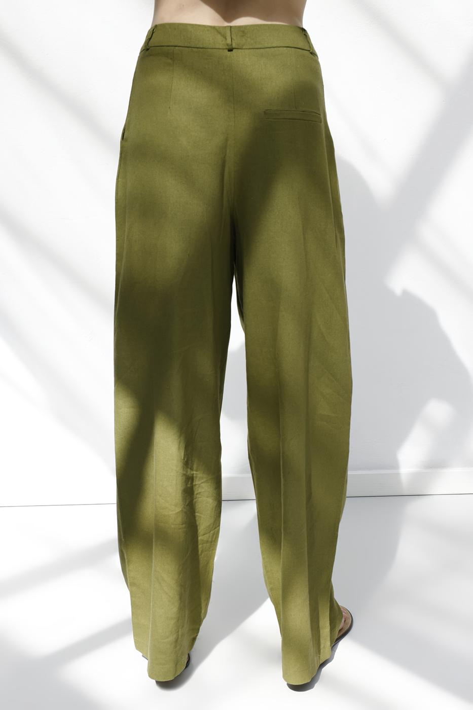 Linen Pleated Loose Trousers Green