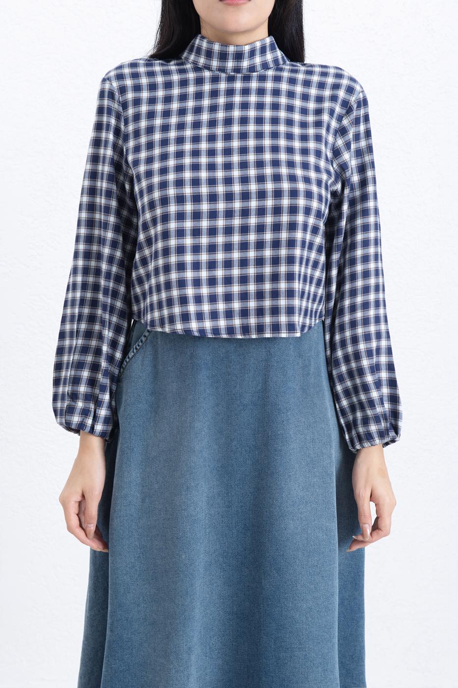 Plaid Poplin Blouse Navy