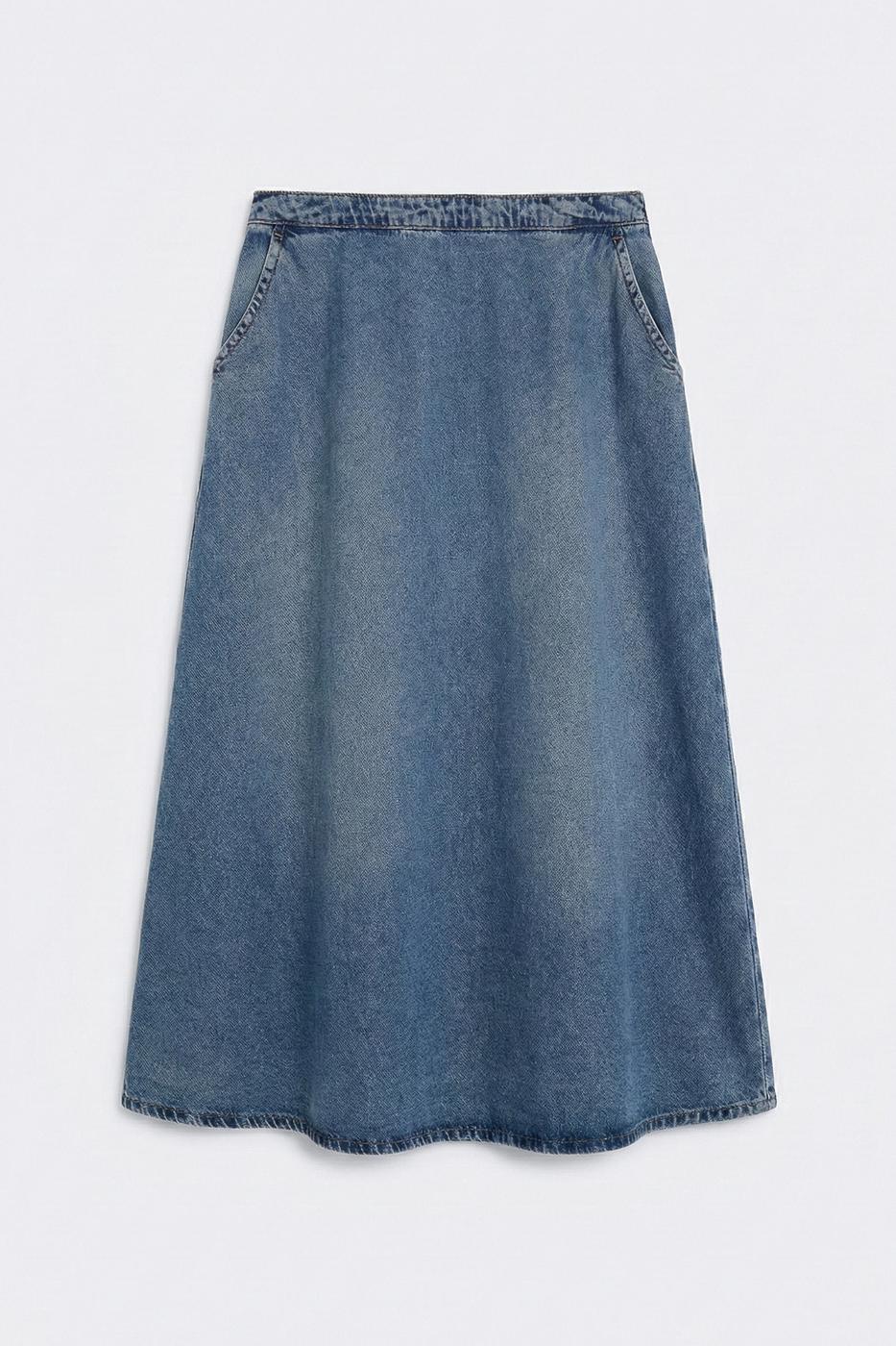 Flared Denim Midi Skirt Blue