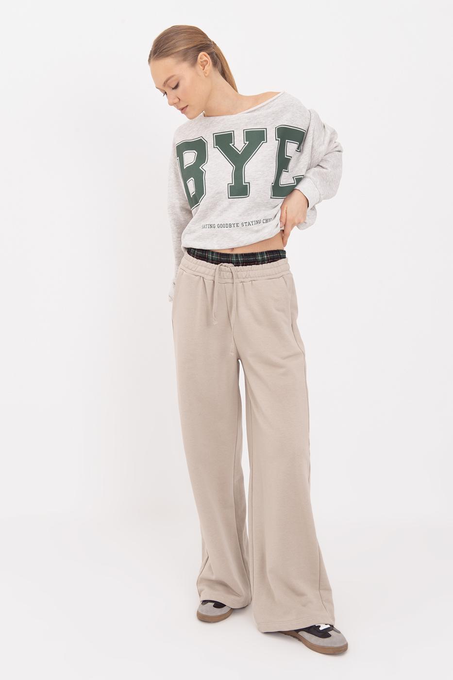 Wide Leg Cotton Trousers with Contrast Waistband Beige
