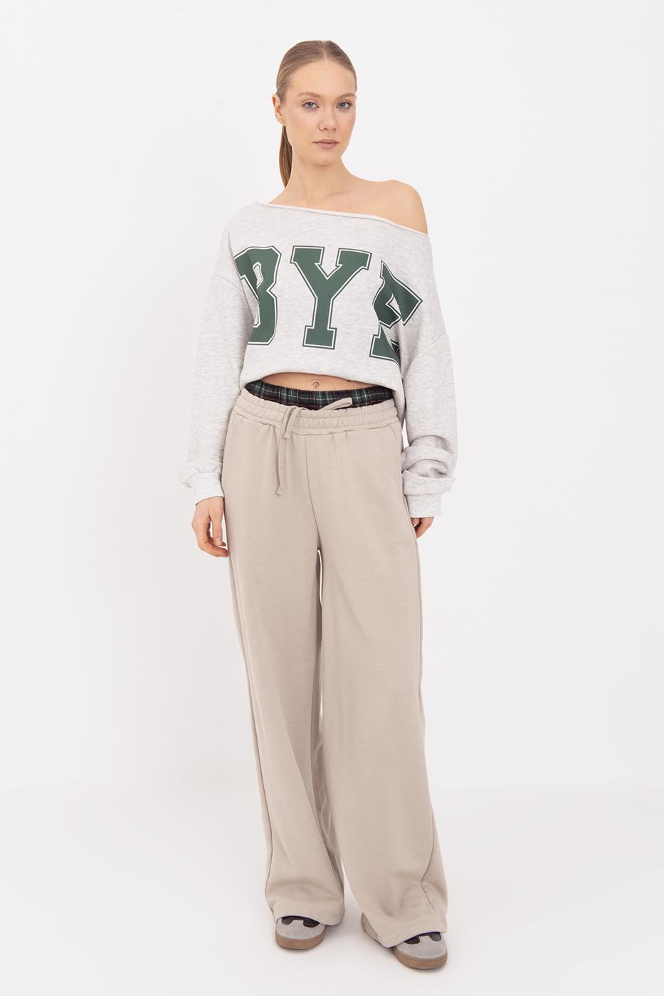 Wide Leg Cotton Trousers with Contrast Waistband Beige