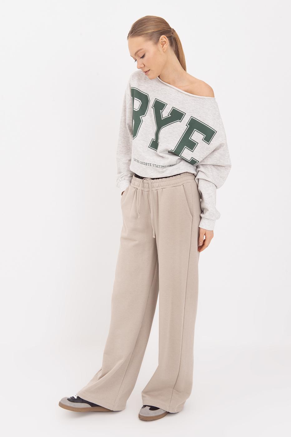 Wide Leg Cotton Trousers with Contrast Waistband Beige