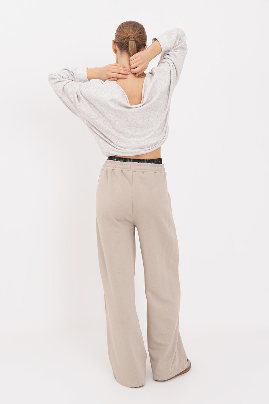 Wide Leg Cotton Trousers with Contrast Waistband Beige