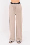 Wide Leg Cotton Trousers with Contrast Waistband Beige