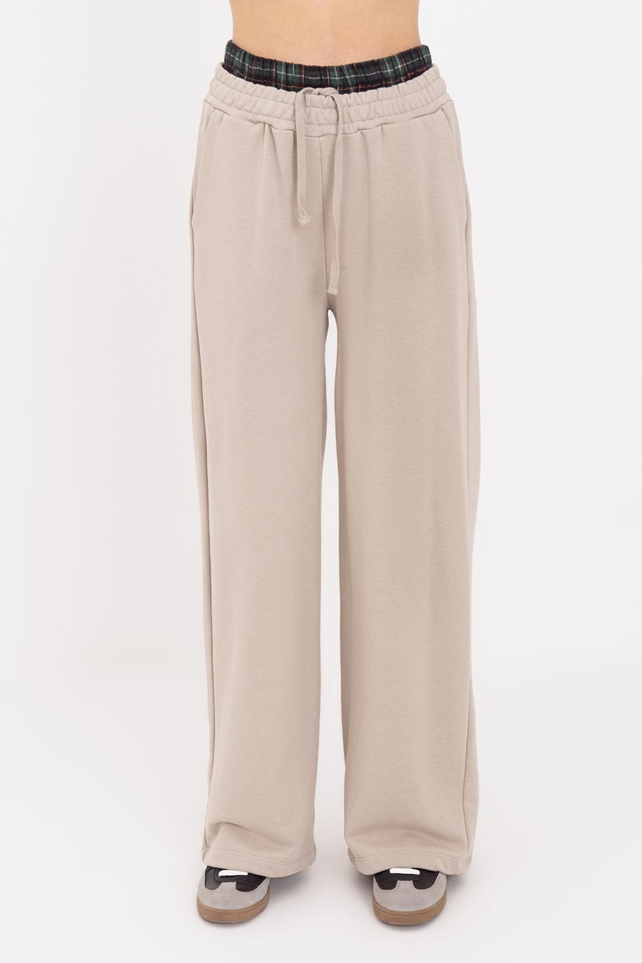 Wide Leg Cotton Trousers with Contrast Waistband Beige