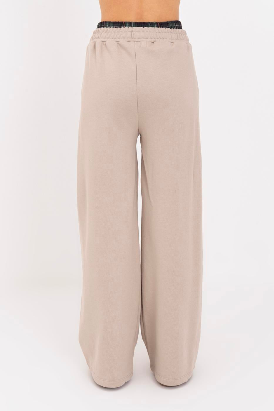 Wide Leg Cotton Trousers with Contrast Waistband Beige