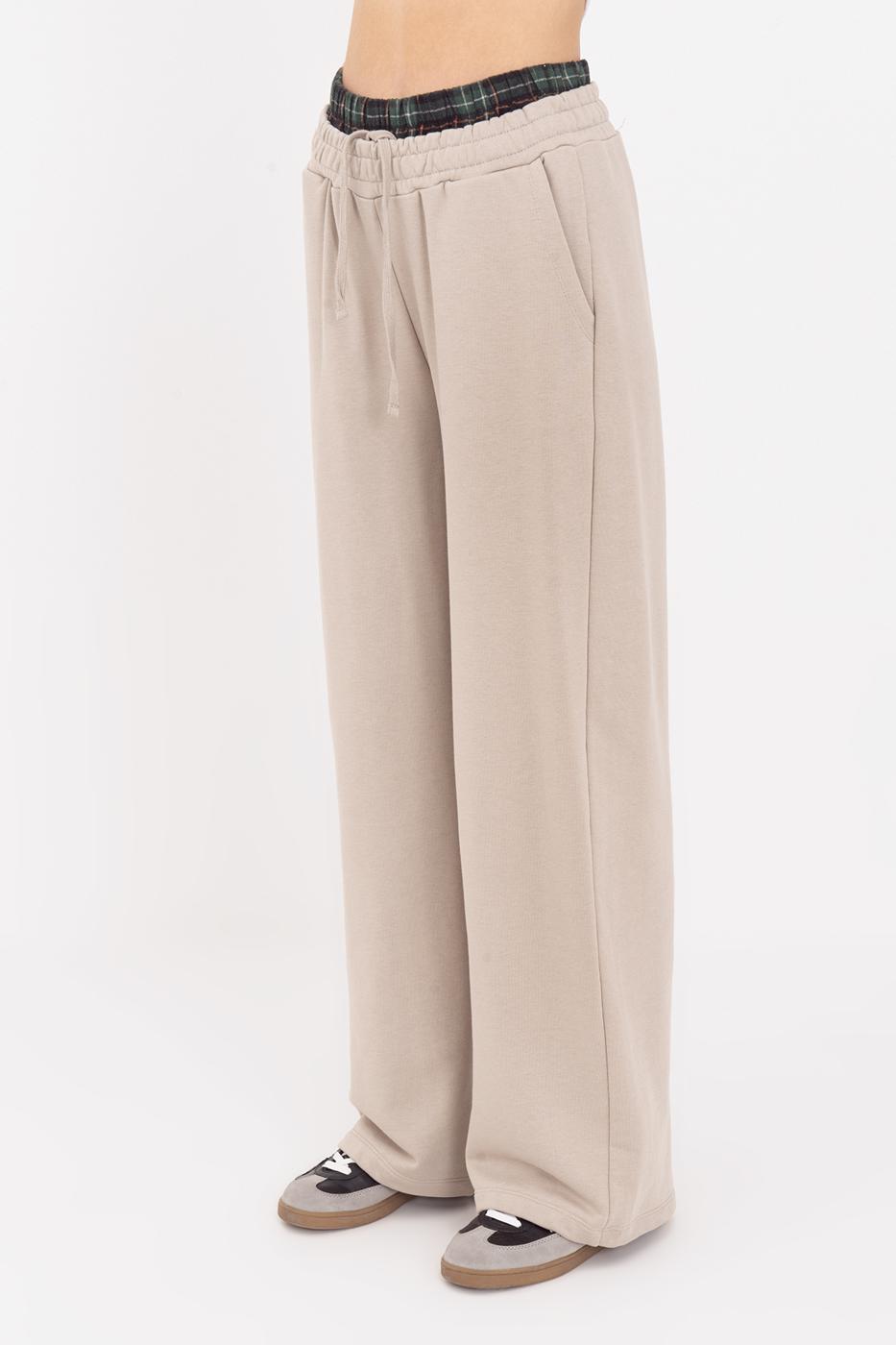 Wide Leg Cotton Trousers with Contrast Waistband Beige