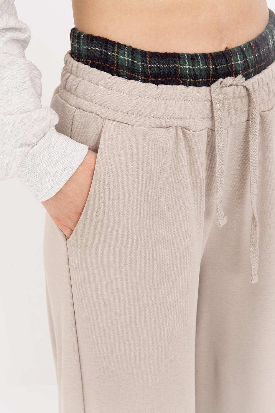 Wide Leg Cotton Trousers with Contrast Waistband Beige
