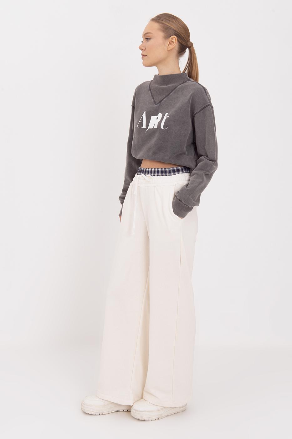 Wide Leg Cotton Trousers with Contrast Waistband Ecru-1