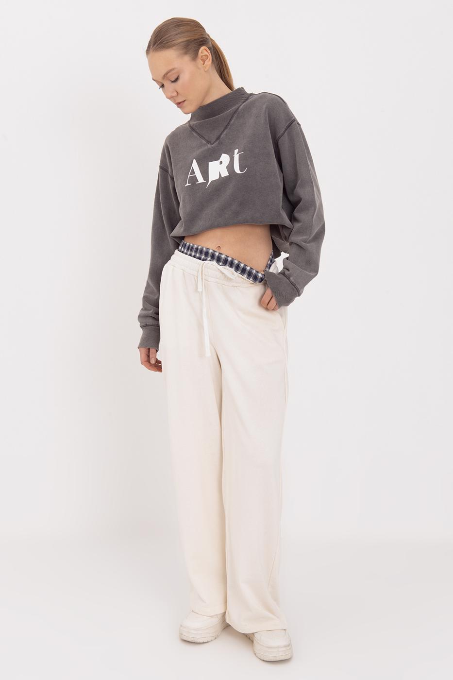 Wide Leg Cotton Trousers with Contrast Waistband Ecru-1