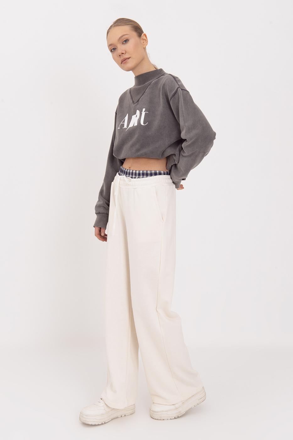 Wide Leg Cotton Trousers with Contrast Waistband Ecru-1