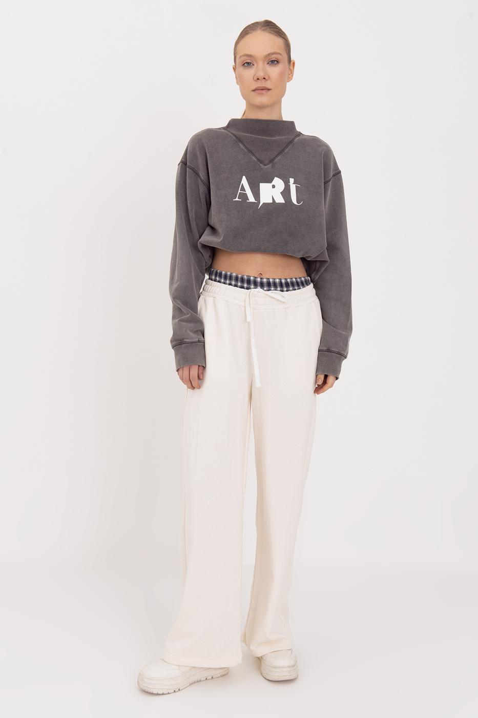 Wide Leg Cotton Trousers with Contrast Waistband Ecru-1
