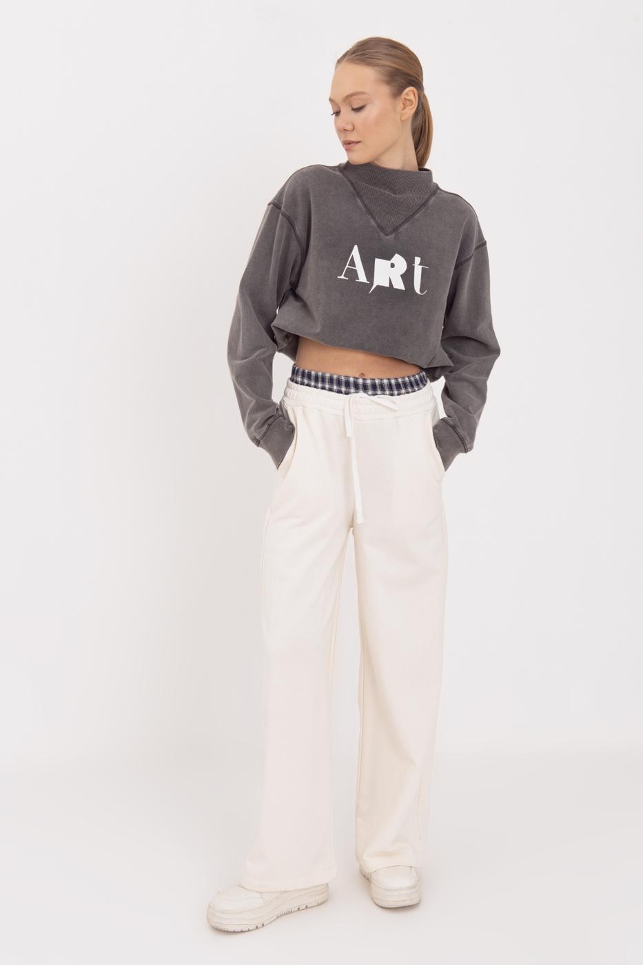 Wide Leg Cotton Trousers with Contrast Waistband Ecru-1