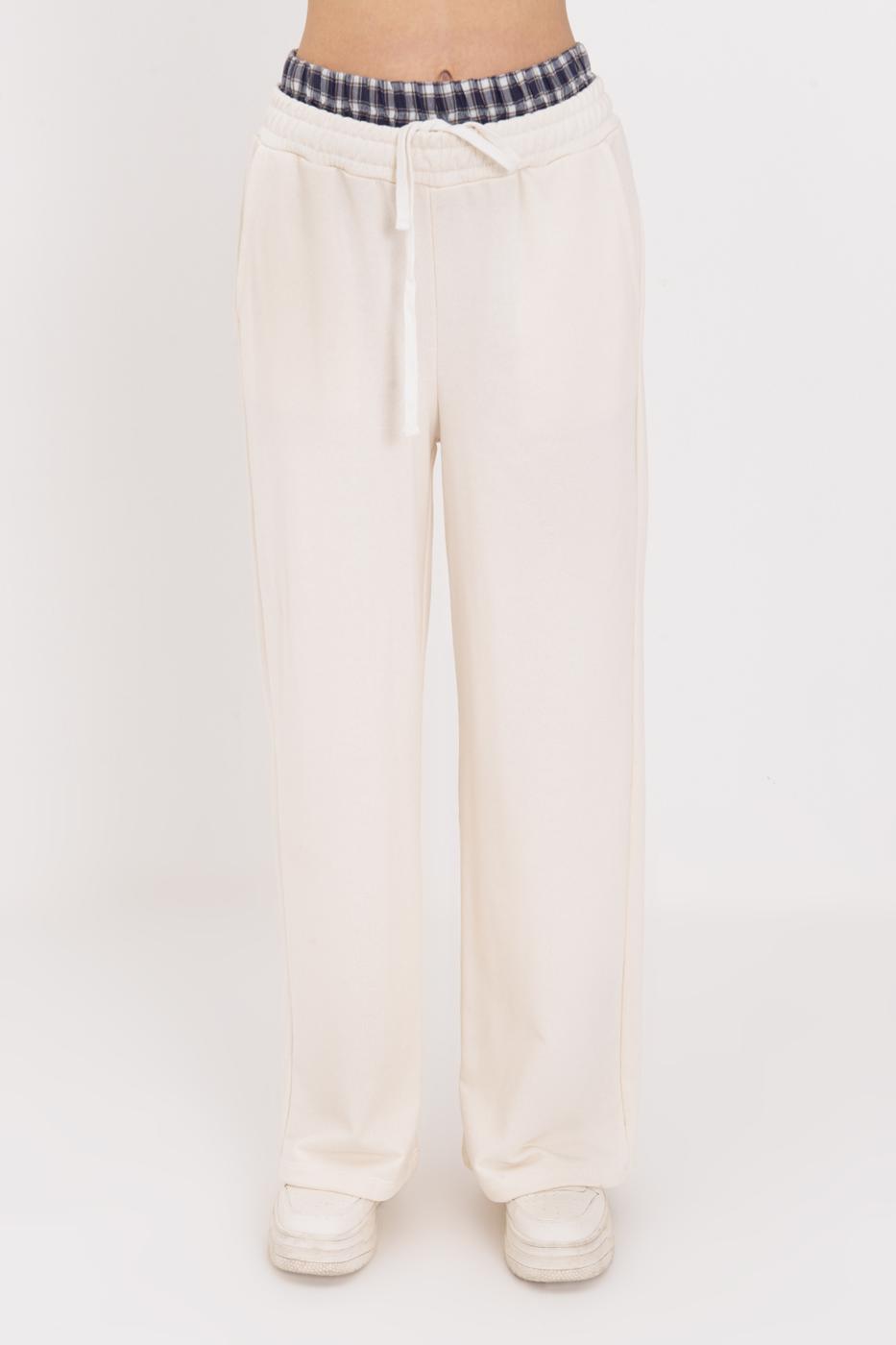 Wide Leg Cotton Trousers with Contrast Waistband Ecru-1