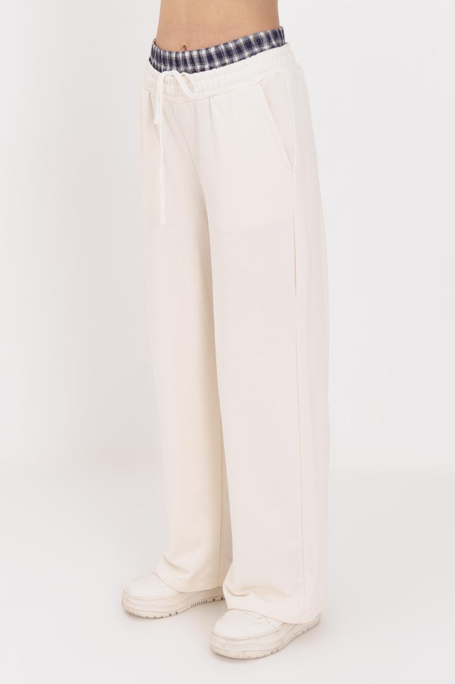 Wide Leg Cotton Trousers with Contrast Waistband Ecru-1