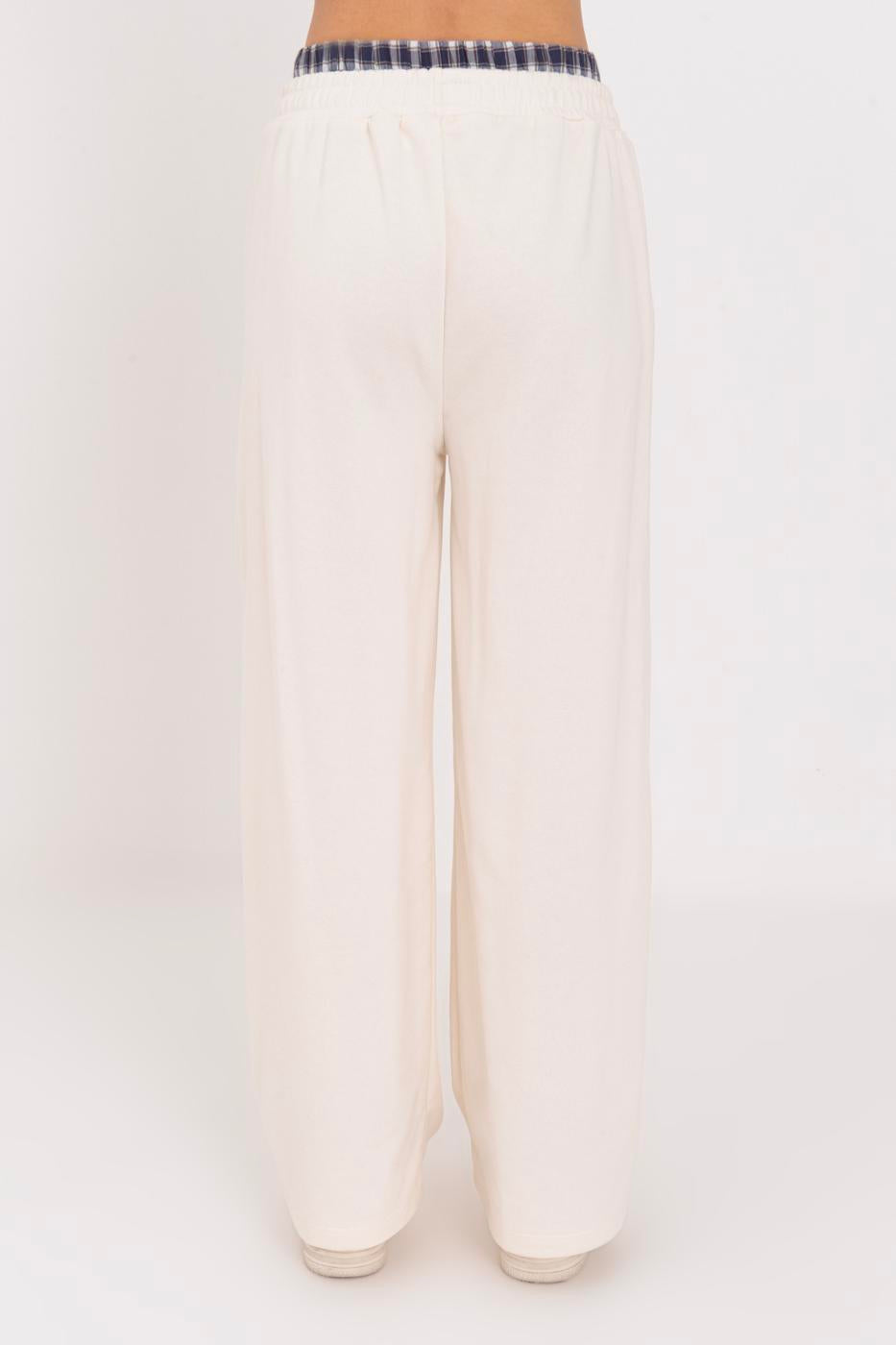 Wide Leg Cotton Trousers with Contrast Waistband Ecru-1