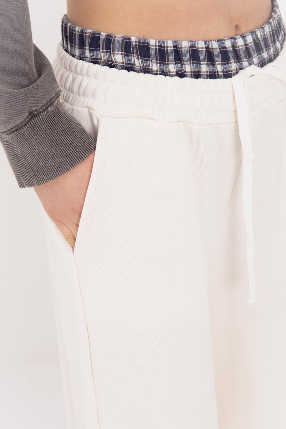 Wide Leg Cotton Trousers with Contrast Waistband Ecru-1