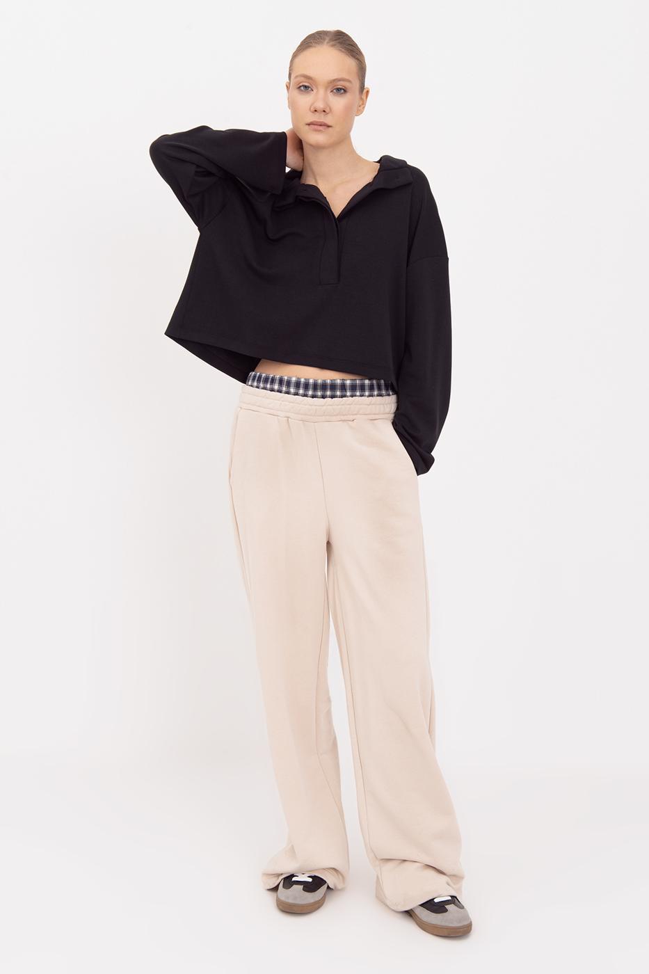 Wide Leg Cotton Trousers with Contrast Waistband Ecru