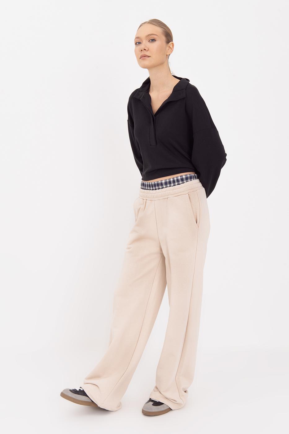 Wide Leg Cotton Trousers with Contrast Waistband Ecru
