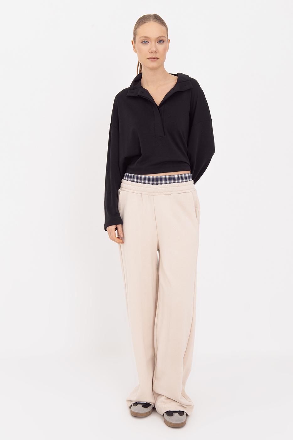 Wide Leg Cotton Trousers with Contrast Waistband Ecru