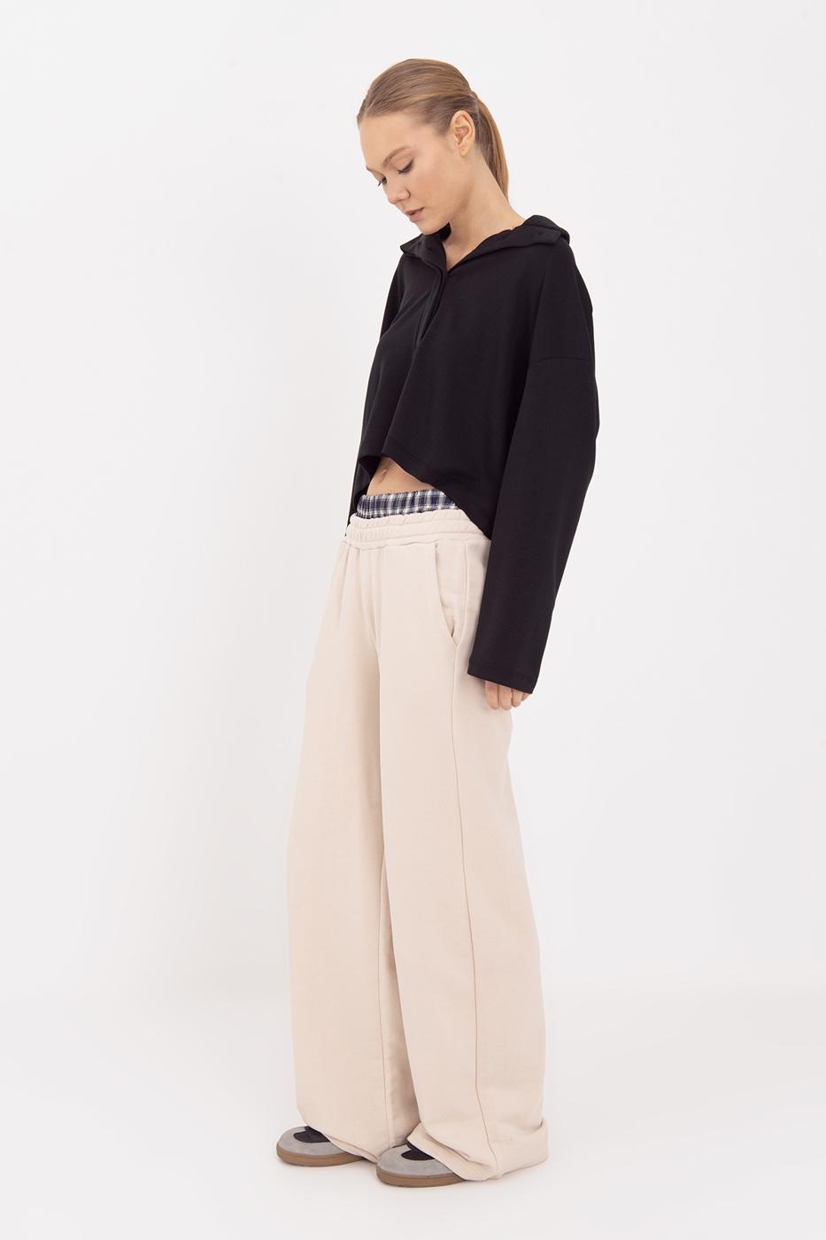 Wide Leg Cotton Trousers with Contrast Waistband Ecru