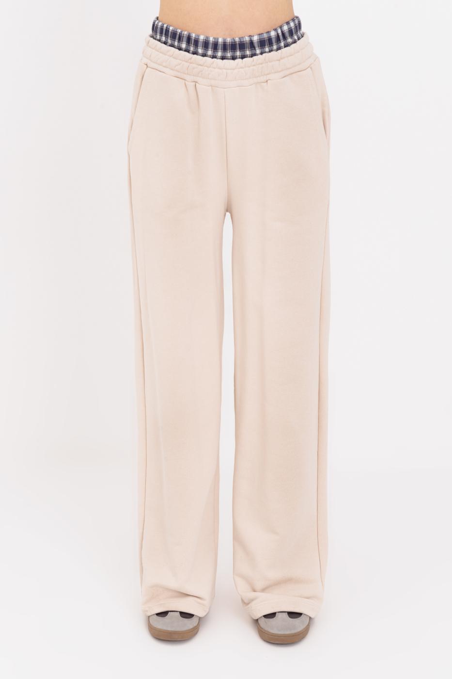 Wide Leg Cotton Trousers with Contrast Waistband Ecru