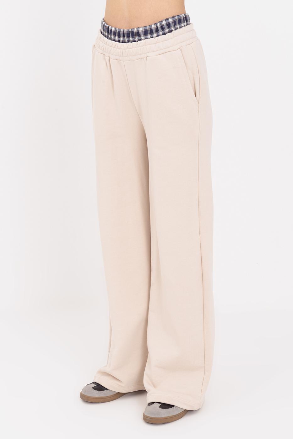 Wide Leg Cotton Trousers with Contrast Waistband Ecru