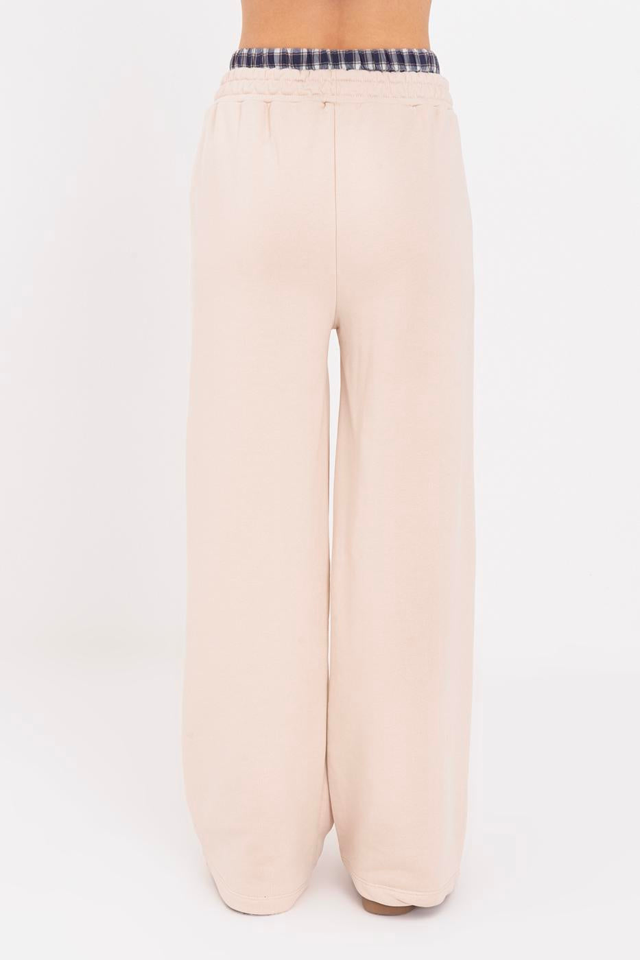 Wide Leg Cotton Trousers with Contrast Waistband Ecru