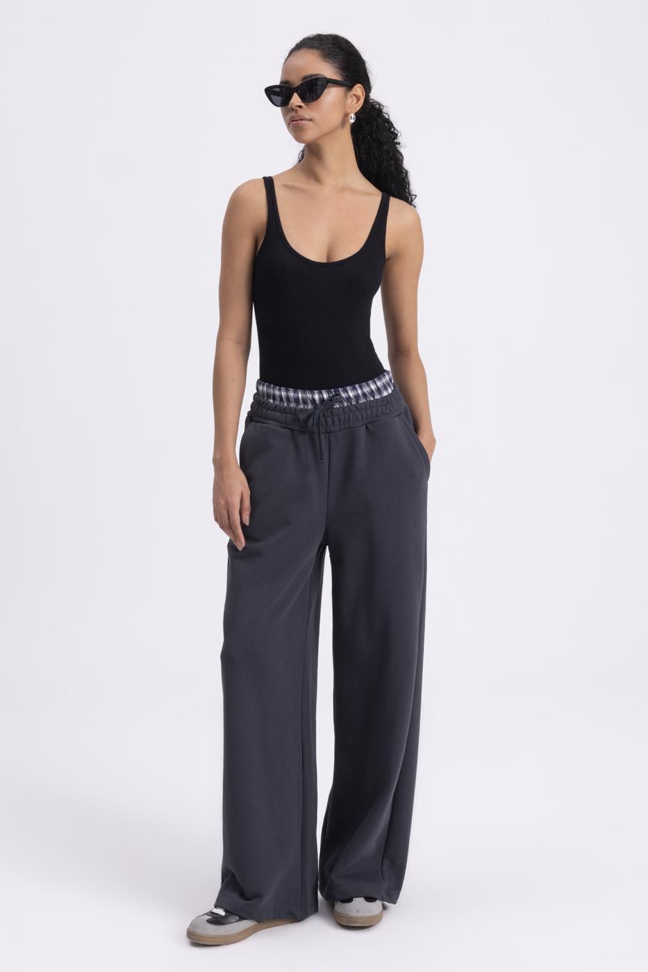Wide Leg Cotton Trousers with Contrast Waistband Smoked