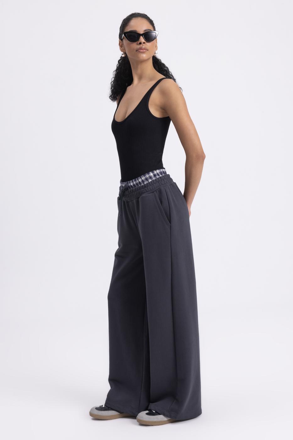 Wide Leg Cotton Trousers with Contrast Waistband Smoked
