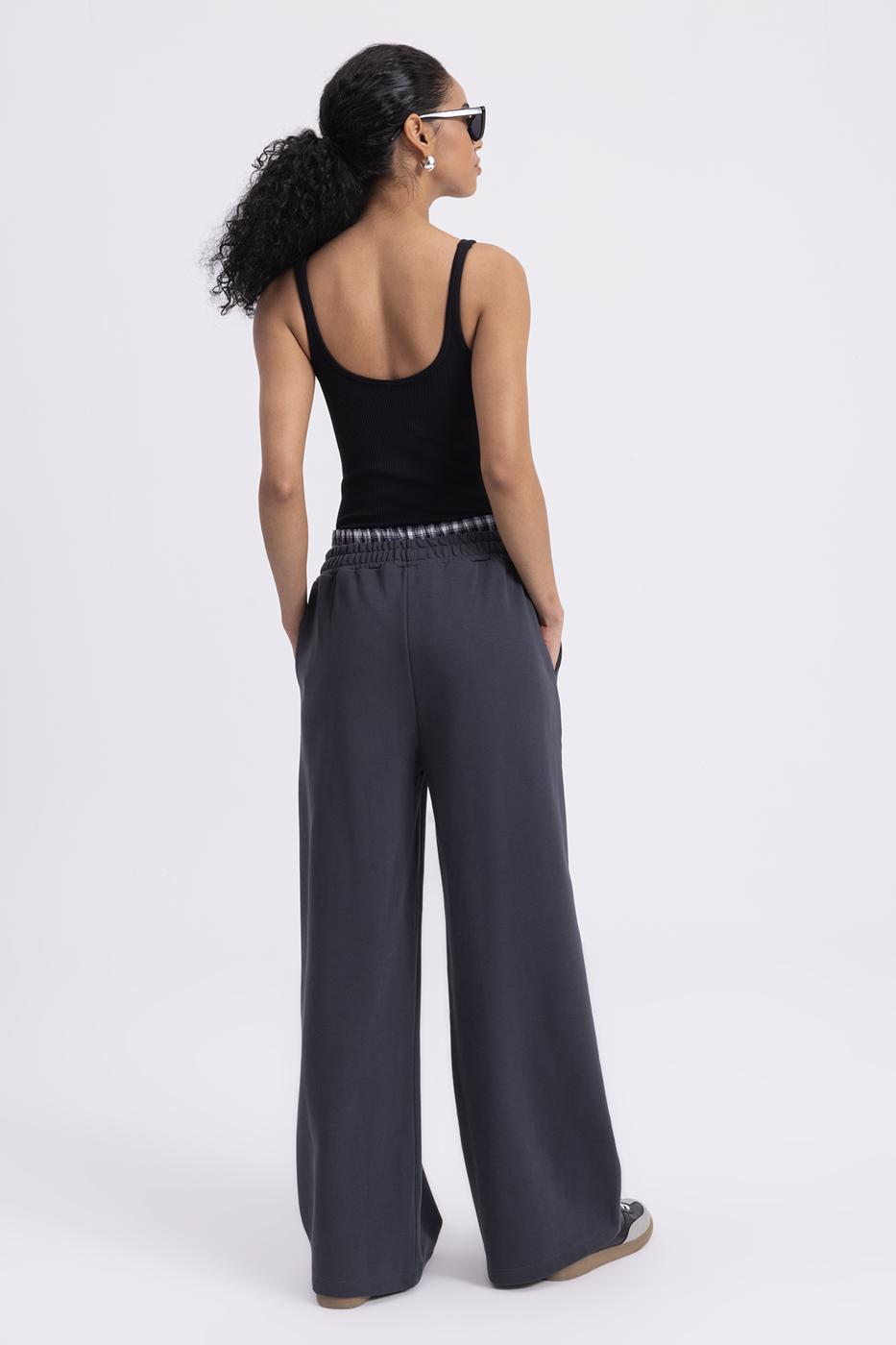 Wide Leg Cotton Trousers with Contrast Waistband Smoked