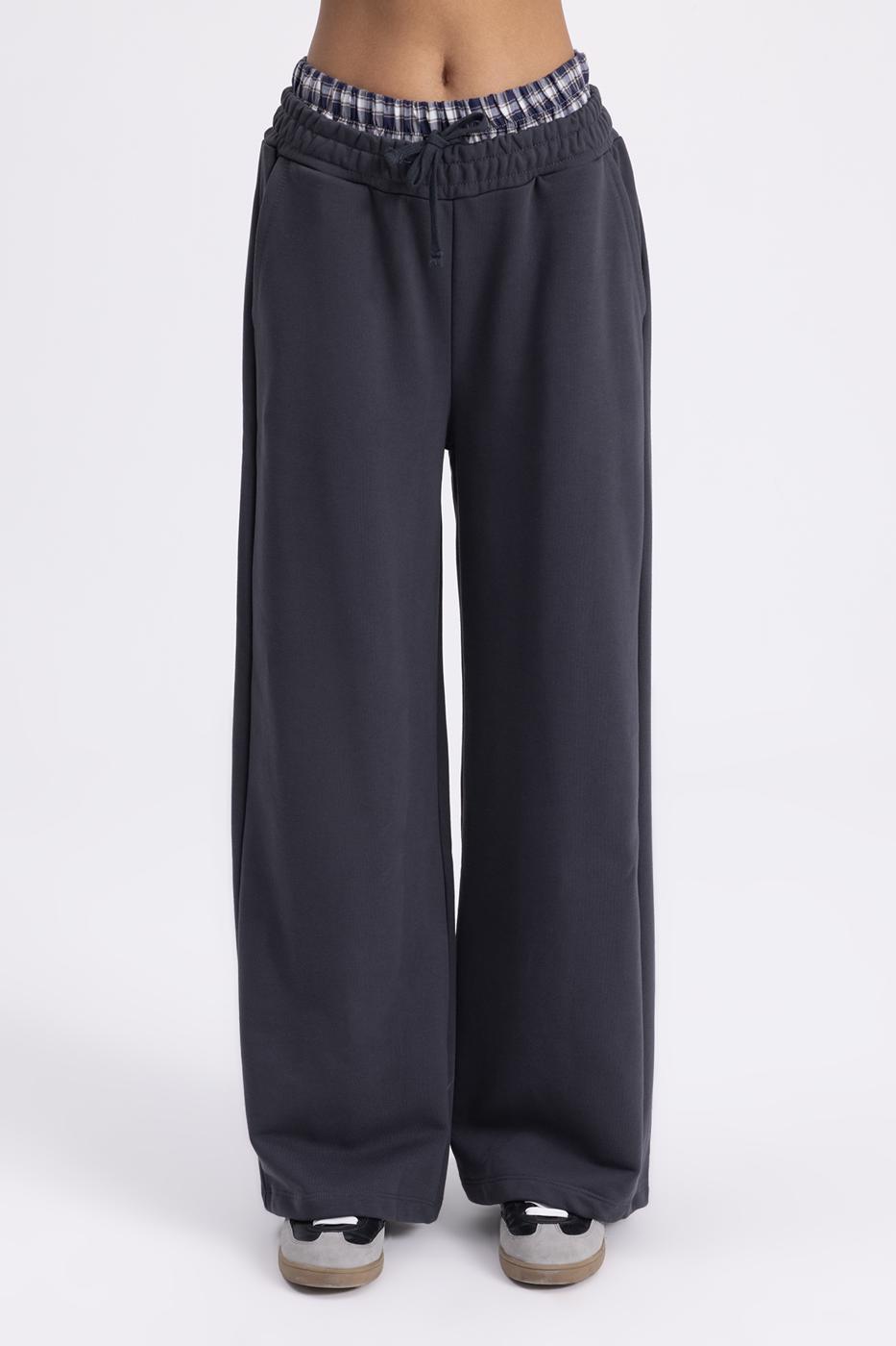 Wide Leg Cotton Trousers with Contrast Waistband Smoked