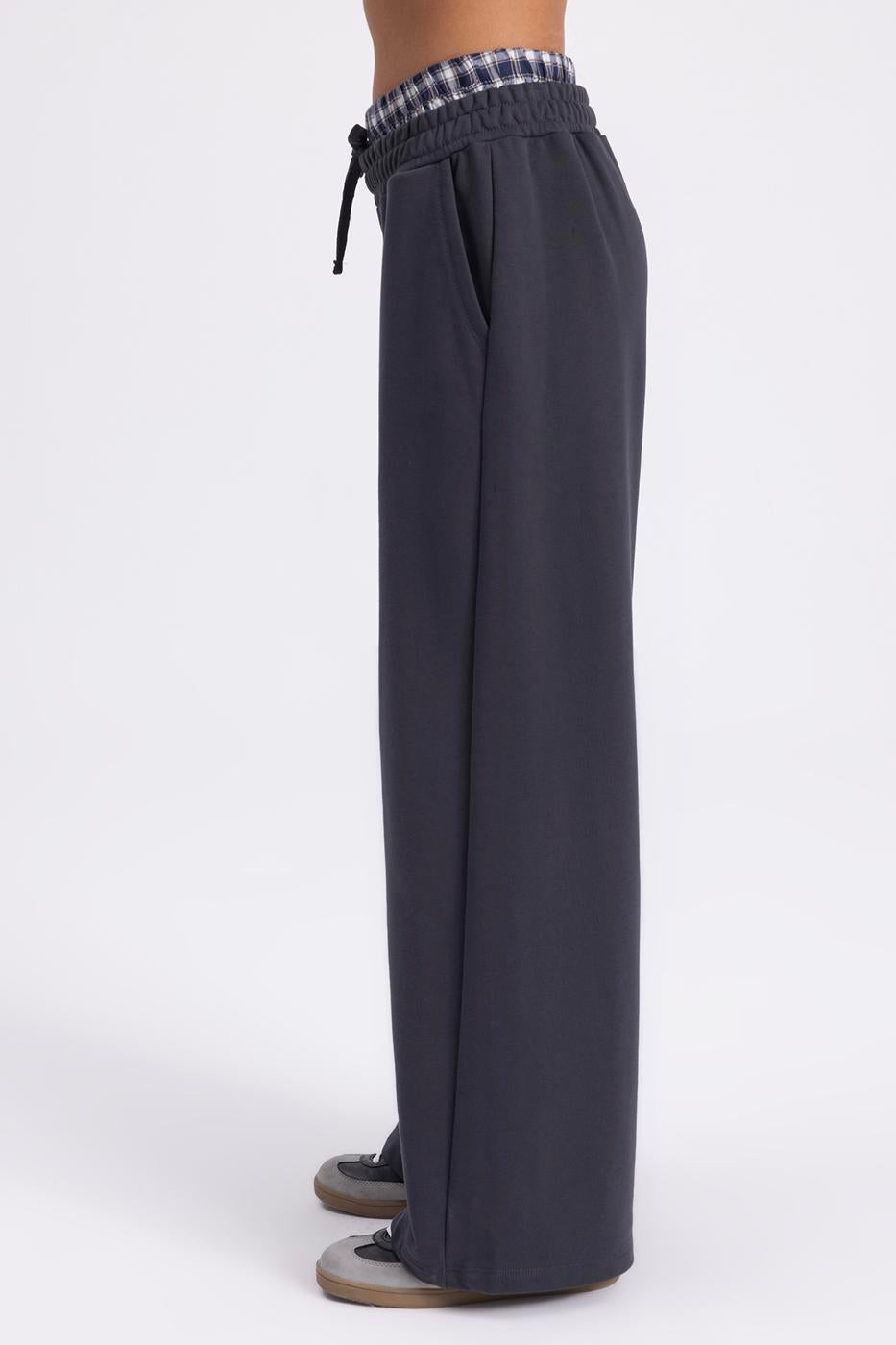 Wide Leg Cotton Trousers with Contrast Waistband Smoked